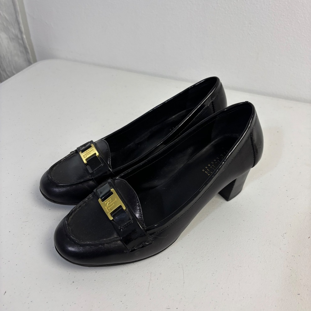 VTG Lauren Ralph Lauren Block Heel Loafers Preppy Old Money Gold Logo Women 7.5B